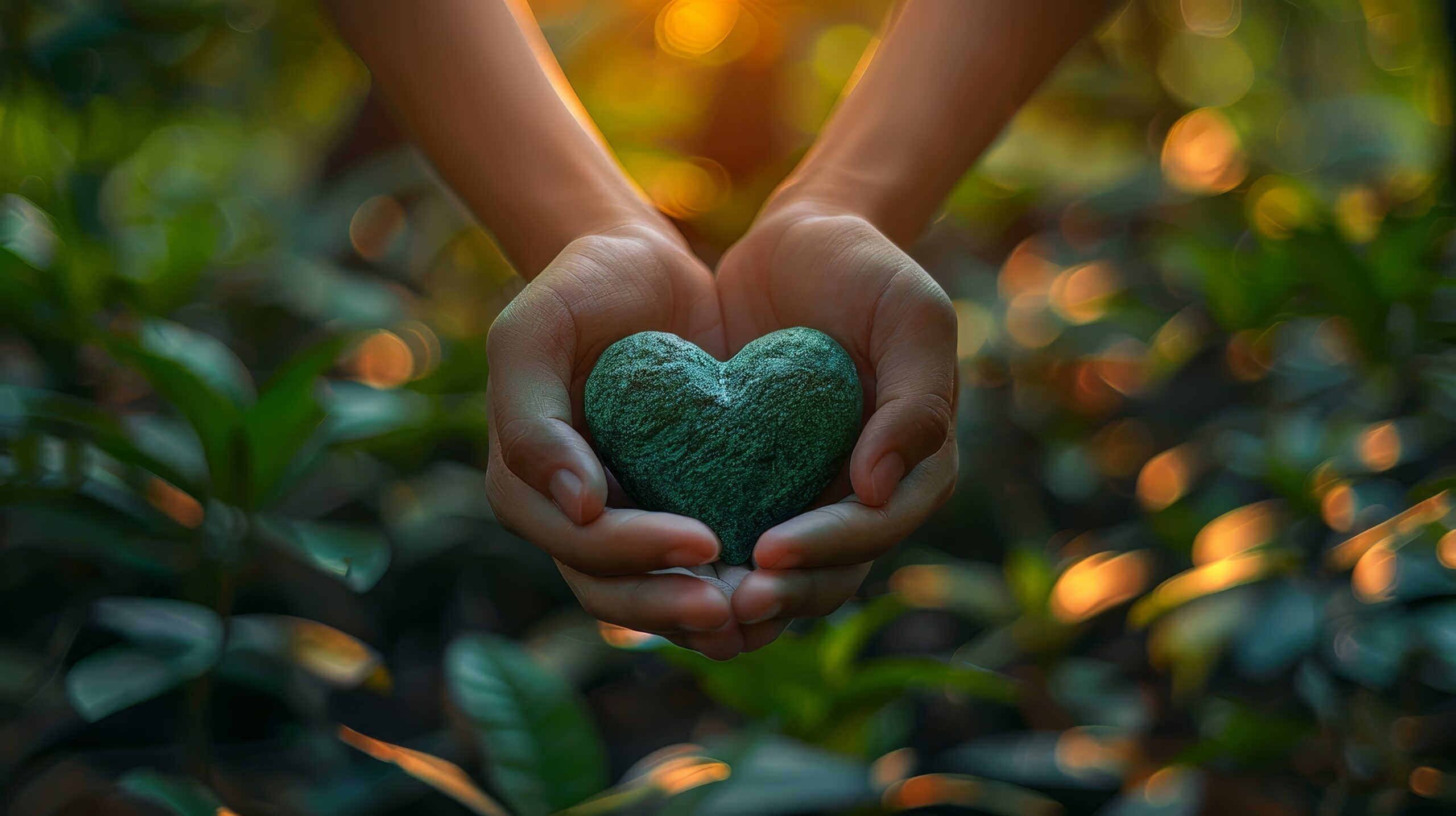 Heart-Shaped Stone Held in Hands Against a Green Background
