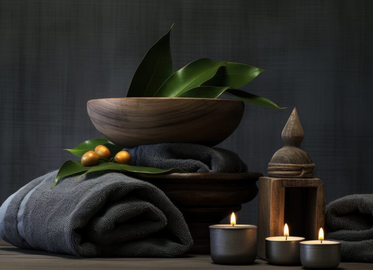 Spa composition with burning candles - Aromatherapy massage for stress relief